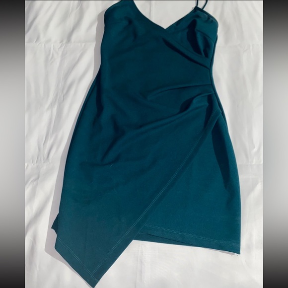Verdusa Spaghetti Strap Dark Green Asymmetrical Faux Wrap Mini Dress - Picture 3 of 9
